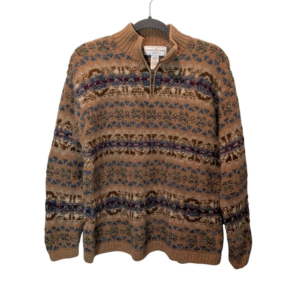 Vtg Jones NY Sz PL Hand Knit Nordic Fairisle Sweater Zip Neck Wool Silk Alpaca